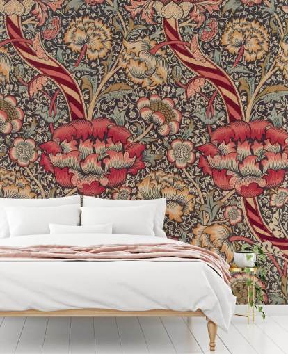 mural de papel pintado estampado rojo y azul de William Morris