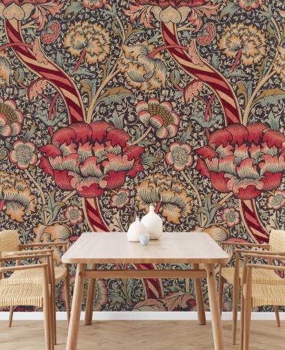 rødt og blått mønstret William Morris tapetmaleri