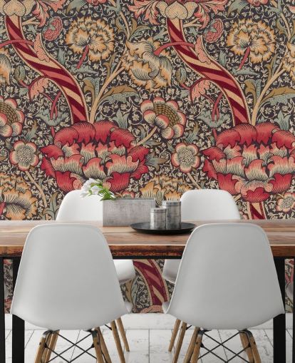 red and blue patterned William Morris wallpaper mural