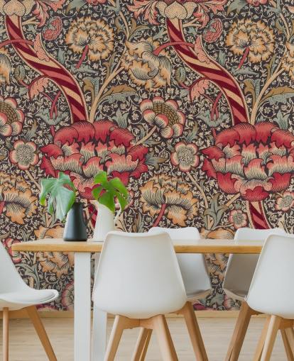 red and blue patterned William Morris wallpaper mural