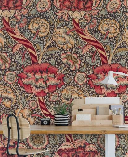 red and blue patterned William Morris wallpaper mural