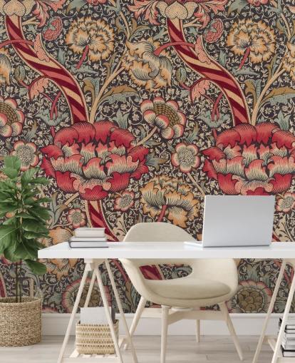 red and blue patterned William Morris wallpaper mural