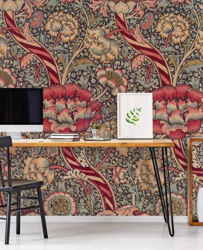 mural de papel pintado estampado rojo y azul de William Morris