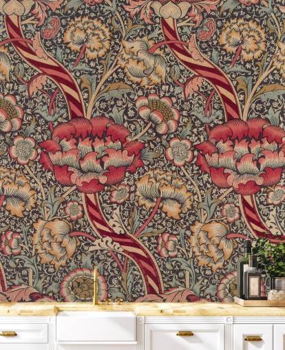rødt og blått mønstret William Morris tapetmaleri