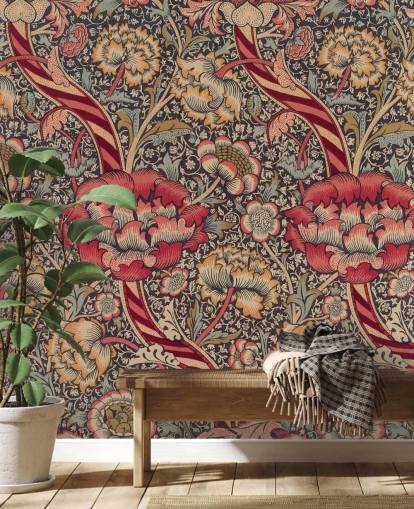 red and blue patterned William Morris wallpaper mural