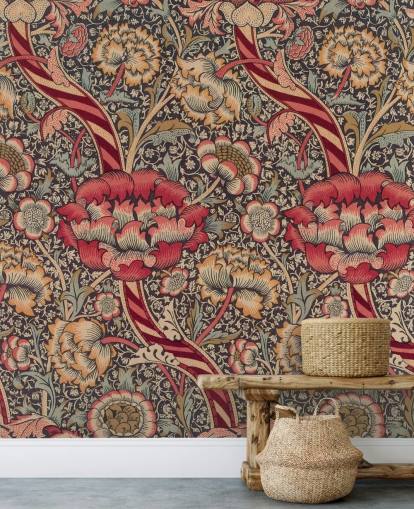 mural de papel pintado estampado rojo y azul de William Morris