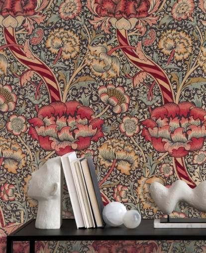 red and blue patterned William Morris wallpaper mural