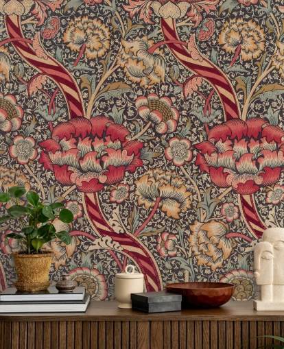 red and blue patterned William Morris wallpaper mural