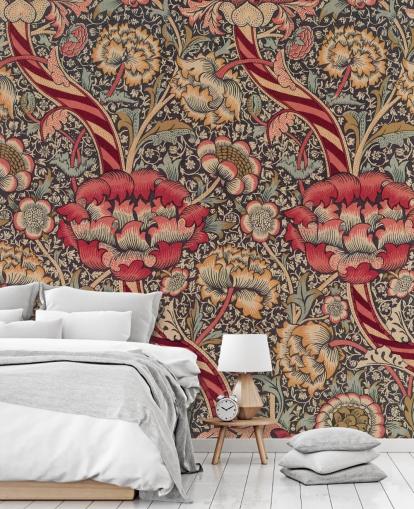 papier peint mural William Morris à motifs rouges et bleus