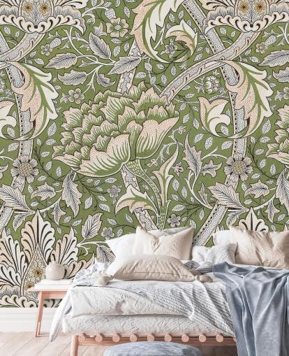 mural verde con estampado floral de William Morris