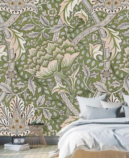grønt blomstermønstret vægmaleri af William Morris