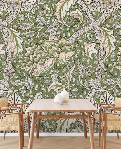 grønt blomstermønstret vægmaleri af William Morris