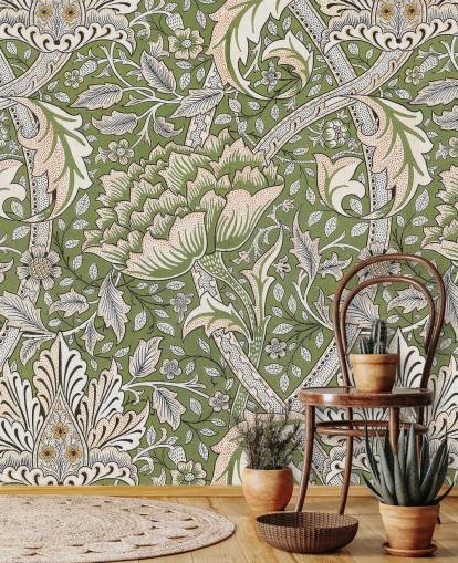mural verde com estampa floral de William Morris