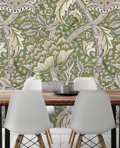 mural verde com estampa floral de William Morris