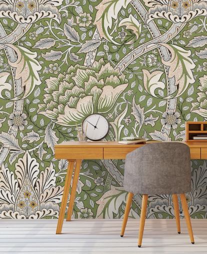 mural verde con estampado floral de William Morris