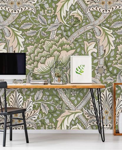 groene muurschildering met bloemenpatroon van William Morris groene muurschildering met bloemenpatroon van William Morris