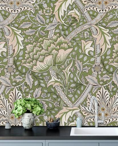 mural verde com estampa floral de William Morris
