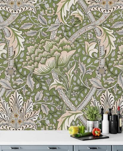 grønt blomstermønstret vægmaleri af William Morris