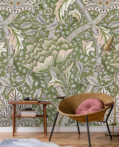 mural verde con estampado floral de William Morris