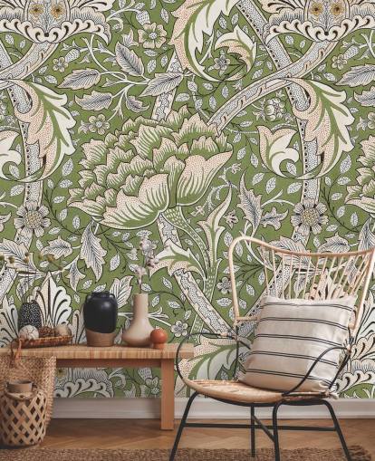 green floral patterned mural by William Morris green floral patterned mural by William Morris