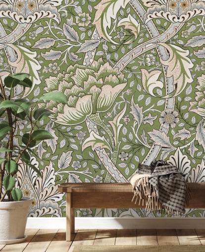 mural verde con estampado floral de William Morris