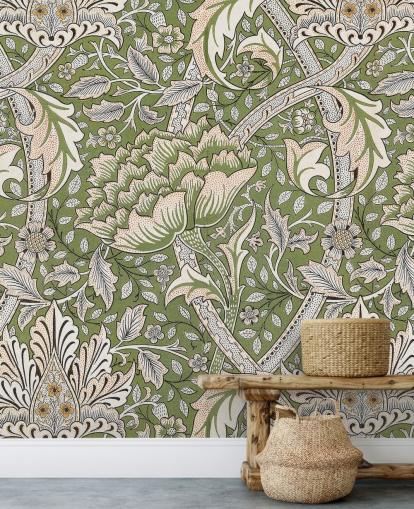 groene muurschildering met bloemenpatroon van William Morris