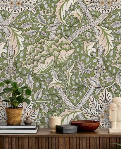 green floral patterned mural by William Morris