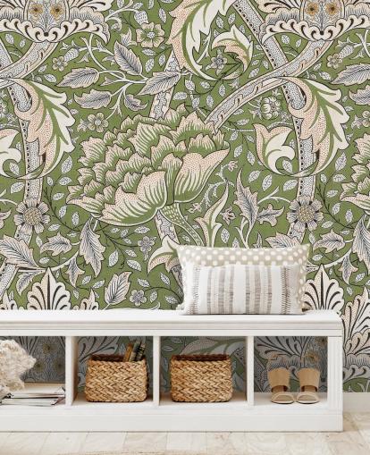 green floral patterned mural by William Morris