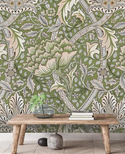 murale verde con motivi floreali di William Morris