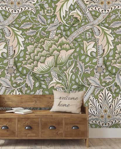 groene muurschildering met bloemenpatroon van William Morris