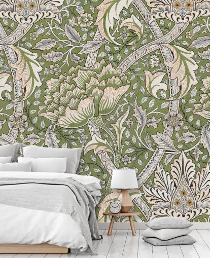 mural verde com estampa floral de William Morris