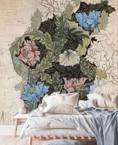 mural de papel pintado con forma de corona de William Morris