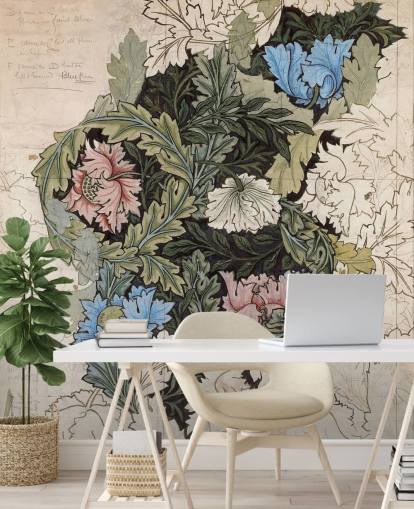 mural de papel pintado con forma de corona de William Morris