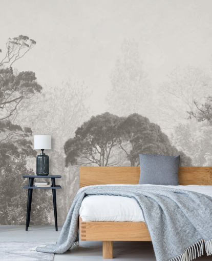 mural de papel pintado de bosque en blanco y negro llamado Ilustración vintage de árboles para dormitorios, salas de estar y cocinas