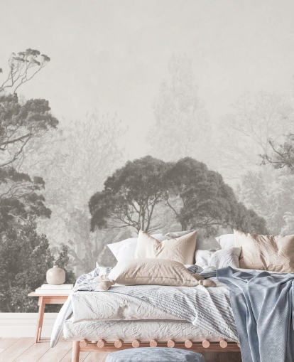 mural de papel pintado de bosque en blanco y negro llamado Ilustración vintage de árboles para dormitorios, salas de estar y cocinas