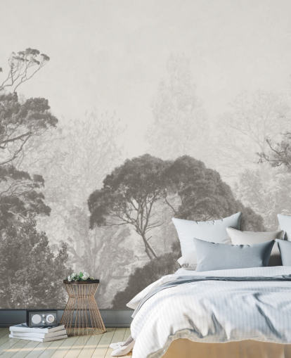 carta da parati murale in bianco e nero con foresta chiamata Vintage Illustration of Trees per camere da letto, salotti e cucine