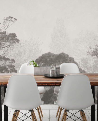 mural de papel de parede florestal preto e branco chamado Vintage Illustration of Trees para quartos, salas de estar e cozinhas