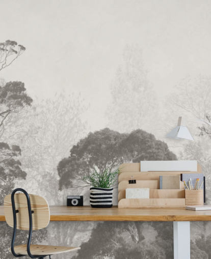 mural de papel pintado de bosque en blanco y negro llamado Ilustración vintage de árboles para dormitorios, salas de estar y cocinas