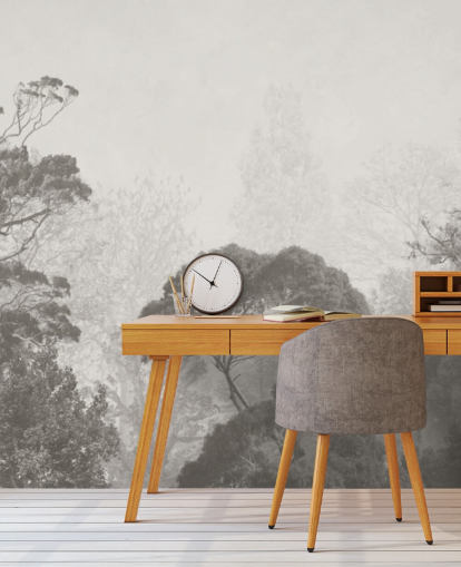 papier peint mural noir et blanc de la forêt appelé Illustration vintage d'arbres pour les chambres, les salons et les cuisines