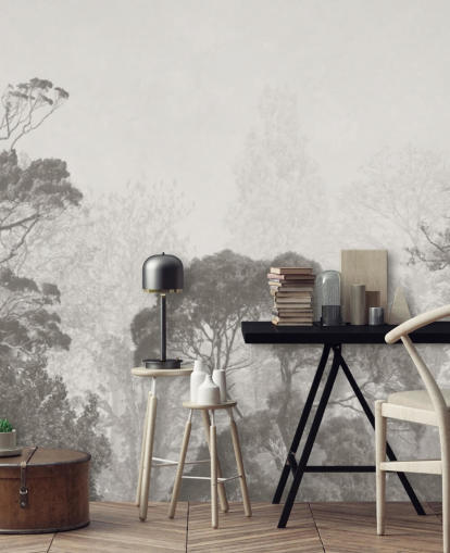 black and white forest wallpaper mural called Vintage Illustration of Trees for bedrooms, living rooms and kitchens