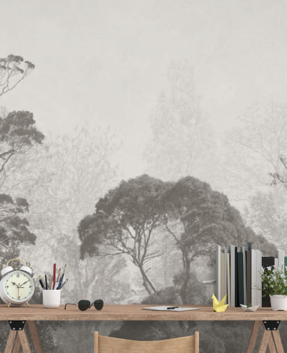 mural de papel de parede florestal preto e branco chamado Vintage Illustration of Trees para quartos, salas de estar e cozinhas