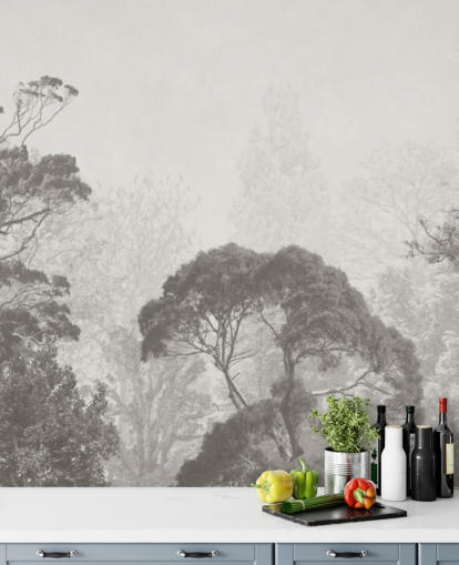 mural de papel pintado de bosque en blanco y negro llamado Ilustración vintage de árboles para dormitorios, salas de estar y cocinas mural de papel pintado de bosque en blanco y negro llamado Ilustración vintage de árboles para dormitorios, salas de estar y cocinas