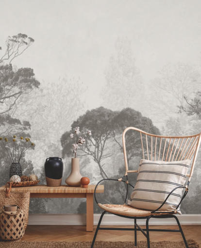 carta da parati murale in bianco e nero con foresta chiamata Vintage Illustration of Trees per camere da letto, salotti e cucine