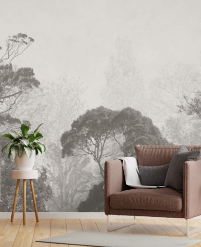 zwart-witte bosbehangmuurschildering genaamd Vintage Illustration of Trees voor slaapkamers, woonkamers en keukens