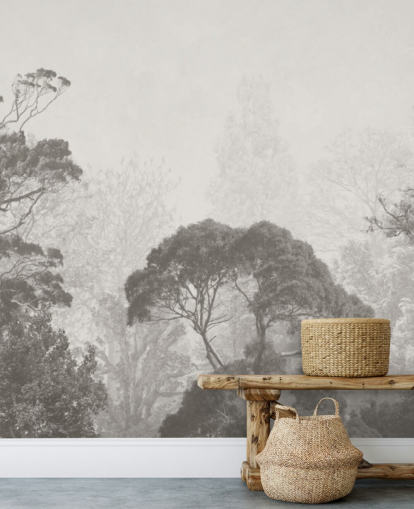 mural de papel pintado de bosque en blanco y negro llamado Ilustración vintage de árboles para dormitorios, salas de estar y cocinas