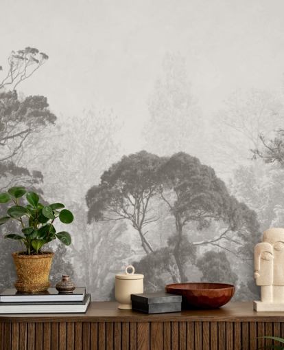 mural de papel de parede florestal preto e branco chamado Vintage Illustration of Trees para quartos, salas de estar e cozinhas