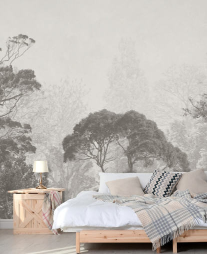 mural de papel pintado de bosque en blanco y negro llamado Ilustración vintage de árboles para dormitorios, salas de estar y cocinas