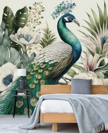 mural de papel pintado de pavo real verde llamado Tropical Green Peacock para dormitorios y salas de estar