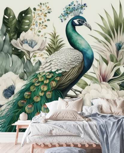 green peacock wallpaper mural called Tropical Green Peacock for bedrooms and living rooms