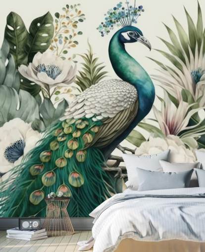 grøn påfugl tapetmaleri kaldet Tropical Green Peacock til soveværelser og stuer grøn påfugl tapetmaleri kaldet Tropical Green Peacock til soveværelser og stuer